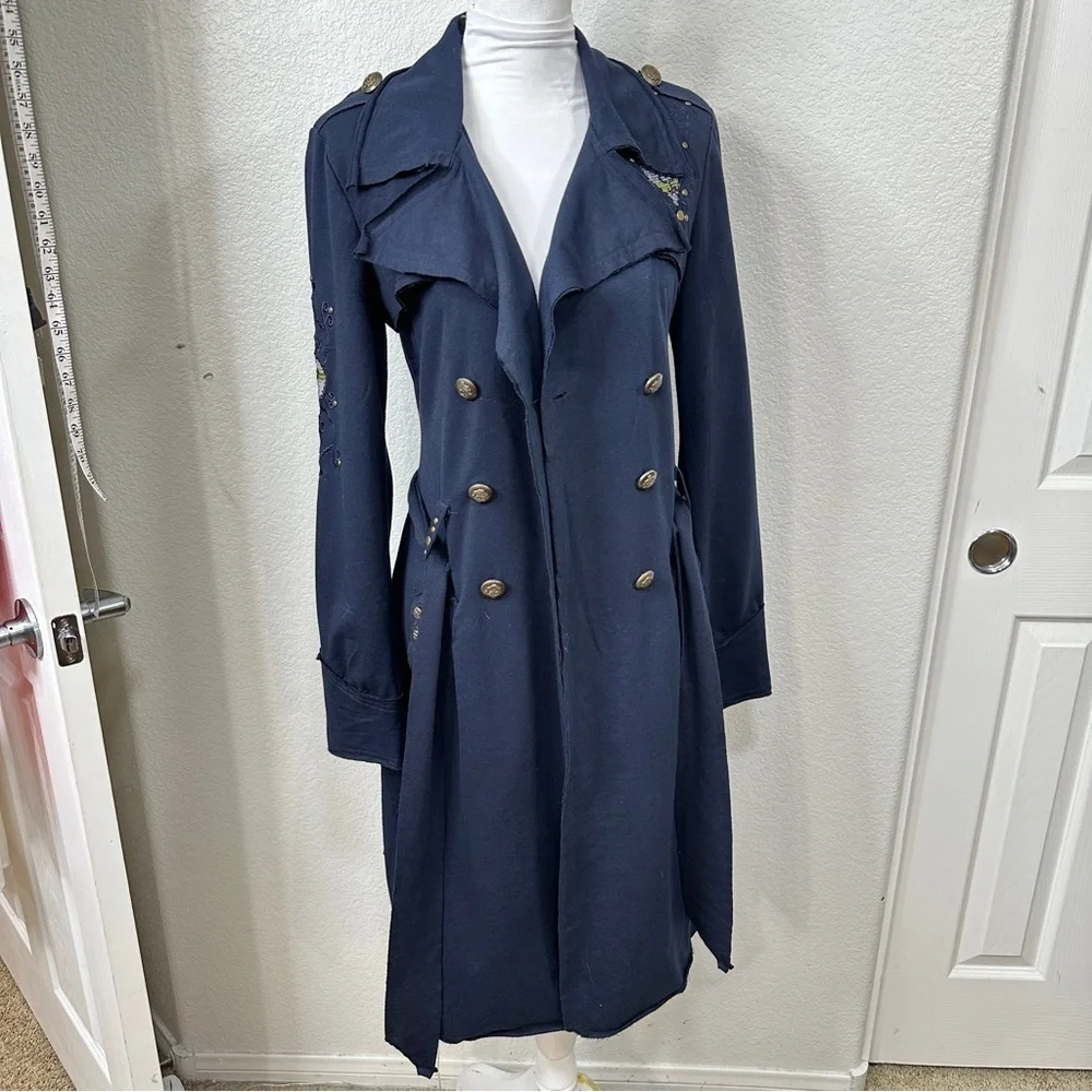 Military Style Chic Navy Trench Coat with Gold Buttons Medium